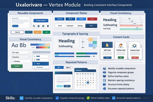A digital presentation slide titled 'Uxalorivaro - Vertex Module' outlining a UI design curriculum. The slide features a dark blue background with multiple white and blue mockups illustrating reusable components, component states, visual consistency, typography, content cards, and skills checklist.