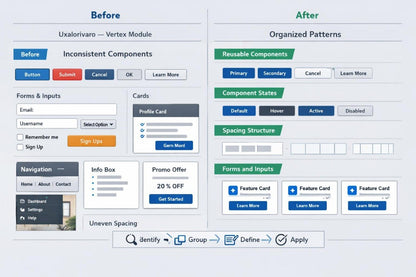 A side-by-side comparison graphic labeled 'Before' and 'After' showing a UI design module. The left side is titled 'Inconsistent Components' and shows a forms and inputs panel with various small UI elements.